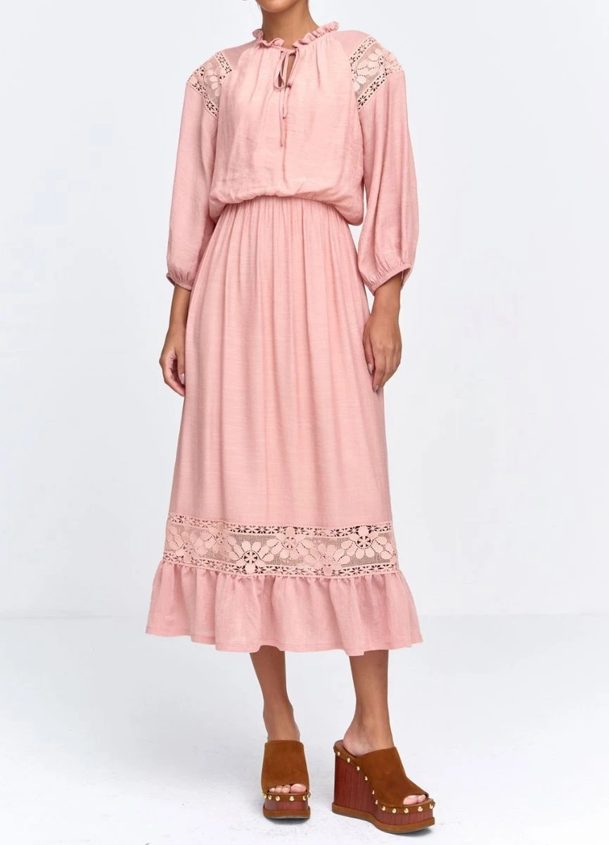 VESTIDO CREPE COM RENDA - Rosa antigo