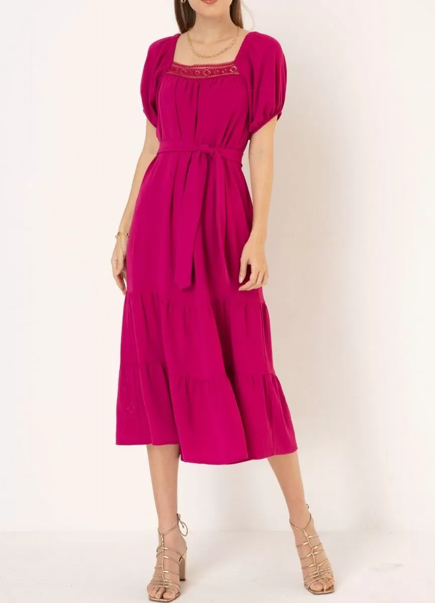 VESTIDO CREPE RENDA - Fucsia