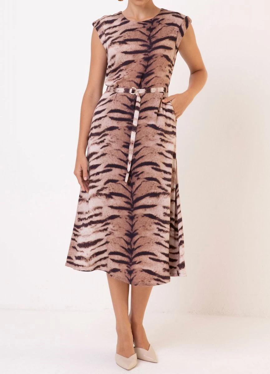 VESTIDO VISCOSE ANIMAL PRINT - Bege/marron